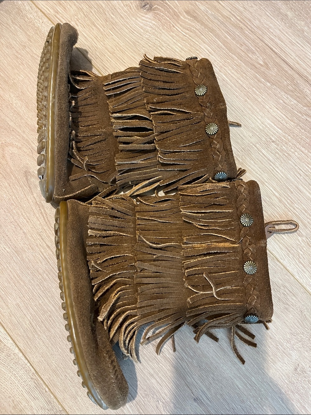 Fringed Brown Suede Moccasin Boots Minnetonka